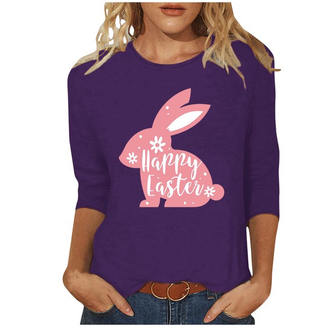 RKSTN Womens Tops Easter Cute Bunny Printed Loose Fit Tops Round Neck 3/4 Sleeve Spring Summer Soft Blouse Tops