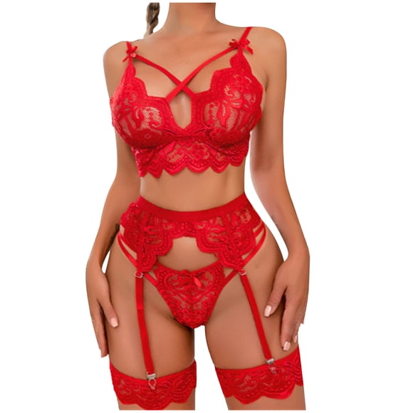 Tnhcen Lace Lingerie for Women Hollow Bow Sexy Lace Bra Panties Garter Three-Piece Erotic Lingerie Set Lingerie Sets Underwear
