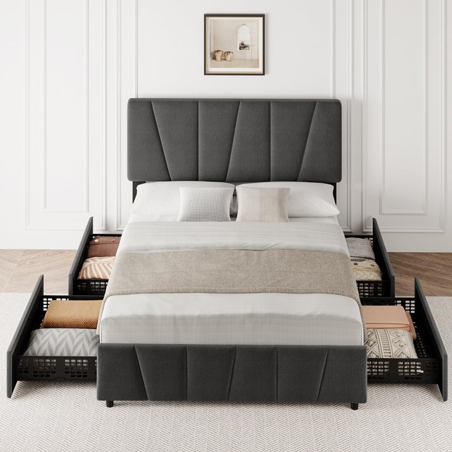 GloryStar Full Size Bed Frame with 4 Storage Drawers and Headboard, Upholstered Platform Bed Frame with Wooden Slats Support, No Box Spring Needed, Dark Grey