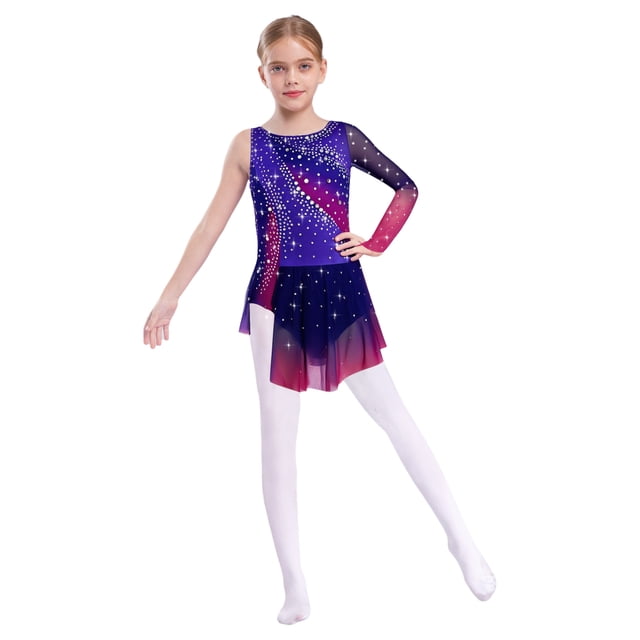 Freebily Robe de Danse Ballet Patinage Artistique à Manches Longues pour Filles avec Strass Violet 8