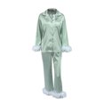 thumbnail image 2 of Fortune Women Pajamas Set, Feather Trim Long Sleeve Button-Down Lapel Tops + Pants, 2 of 9