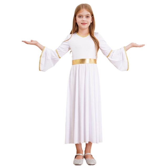 Haitryli Robe de Déguisement Ange pour Filles Enfants Fête d'Halloween Cosplay Fête Robe de Princesse Performance sur Scène Blanc 8