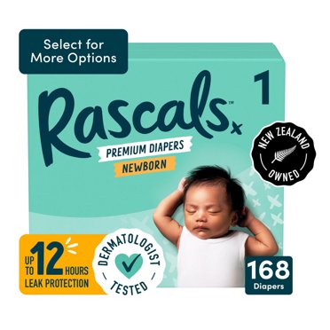 Rascals Premium Absorbent Baby Diapers, Size 1, Carton, 168 Count