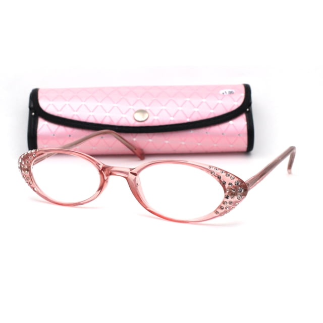 Womens Rhinestone Studded Oval Cat Eye Reading Glasses with Hard Case Pink +2.0