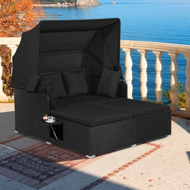 Costway Patio Rattan Daybed Lounge Retractable Top Canopy Side Tables Cushions Black