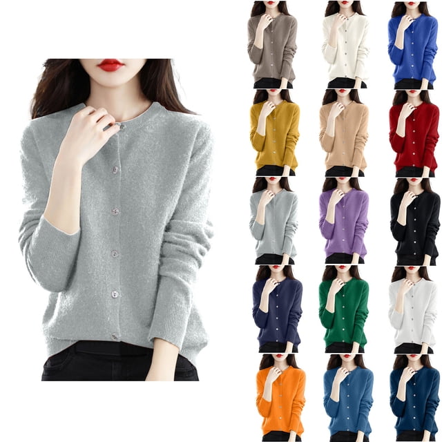Yuyuzo Cardigans for Women Button down Classic Solid Long Sleeve Round Neck Knitted Cardigan Sweaters