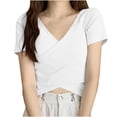thumbnail image 1 of Timegard Crop Tops for Women V Neck Short Sleeve Irregularly Solid Color Casual Fitting Tee Fashion, 1 of 3