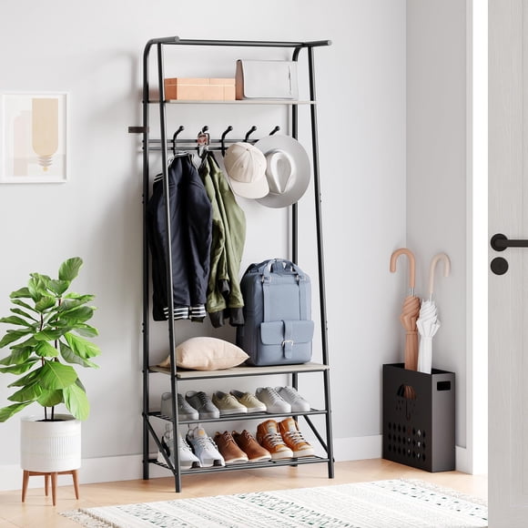 QinaQin Modern Hall Tree with Storage Bench, Durable Metal Frame, Wood-Look Finish, Coat Rack and Shoe Storage for Entryway