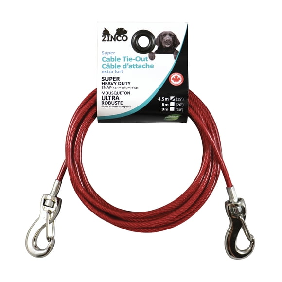 Zinco - 15' Extra-strong cable tie-out for medium dogs, Red