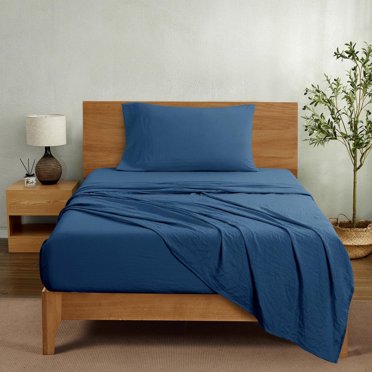 Mainstays Ensemble de draps en microfibre lavée ultra douce, Lit Simple (Twin XL), Indigo Lavé, 3 pièces.
