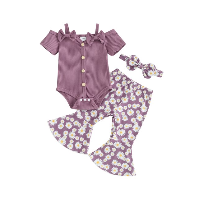 Gupgi 2Pcs Newborn Baby Girls Spring Outfits Infant Short Sleeve Rib Romper + Daisy Flare Pants + Headband Set