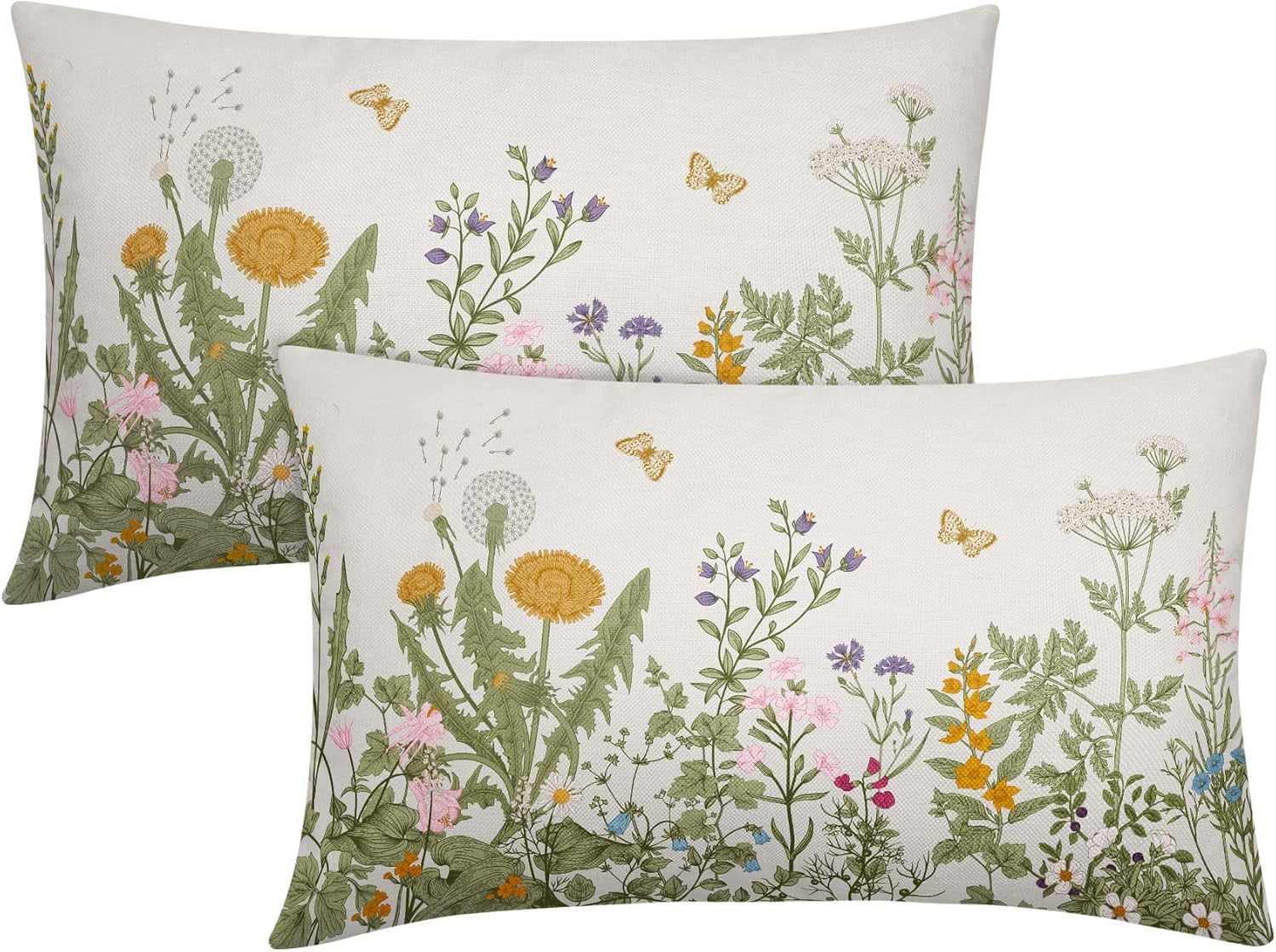 Spring Summer Rectangular Pillow Covers Set of 2 12x20 Inch Sage Green Leaves Plant Lumbar Pillow Cases Yellow Butterfly Floral Throw Pillows Ideal for Living Room Bedroom Outdoor Cushion Celebrat