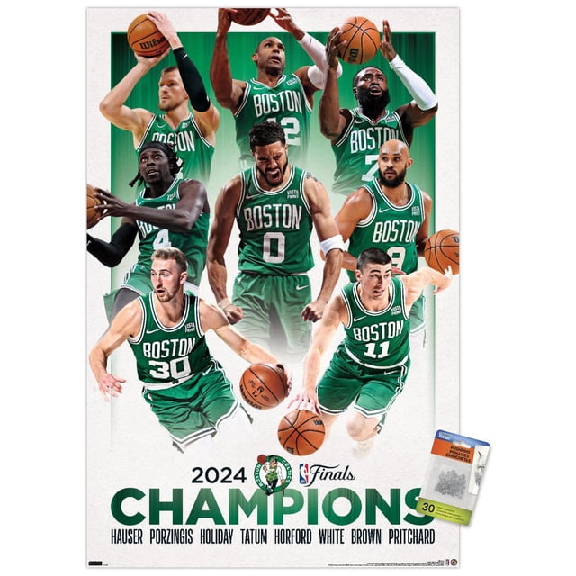 NBA Celtics de Boston - Affiche Murale des Champions des Finales NBA 2024, 22,375 Pouces x 34 Pouces Encadrée, Mettant en Vedette Sept Joueurs avec des Maillots Boston Verts Lors de poses d'Action de basketball. l'Affiche Affiche le logo des Celtics, l'Emblème des Finales NBA et le Texte « Champions » avec les Noms des Joueurs Hauser, Porzingis, Holiday, Tatum, Horford, Blanc, Brun et Pritchard