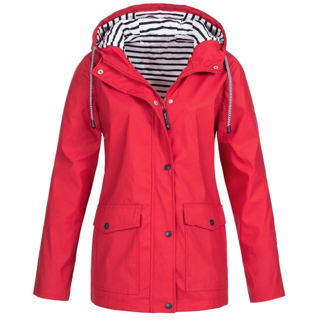Fridja Womens Solid Rain Jacket Outdoor Plus Size Waterproof Hooded Raincoat Windproof
