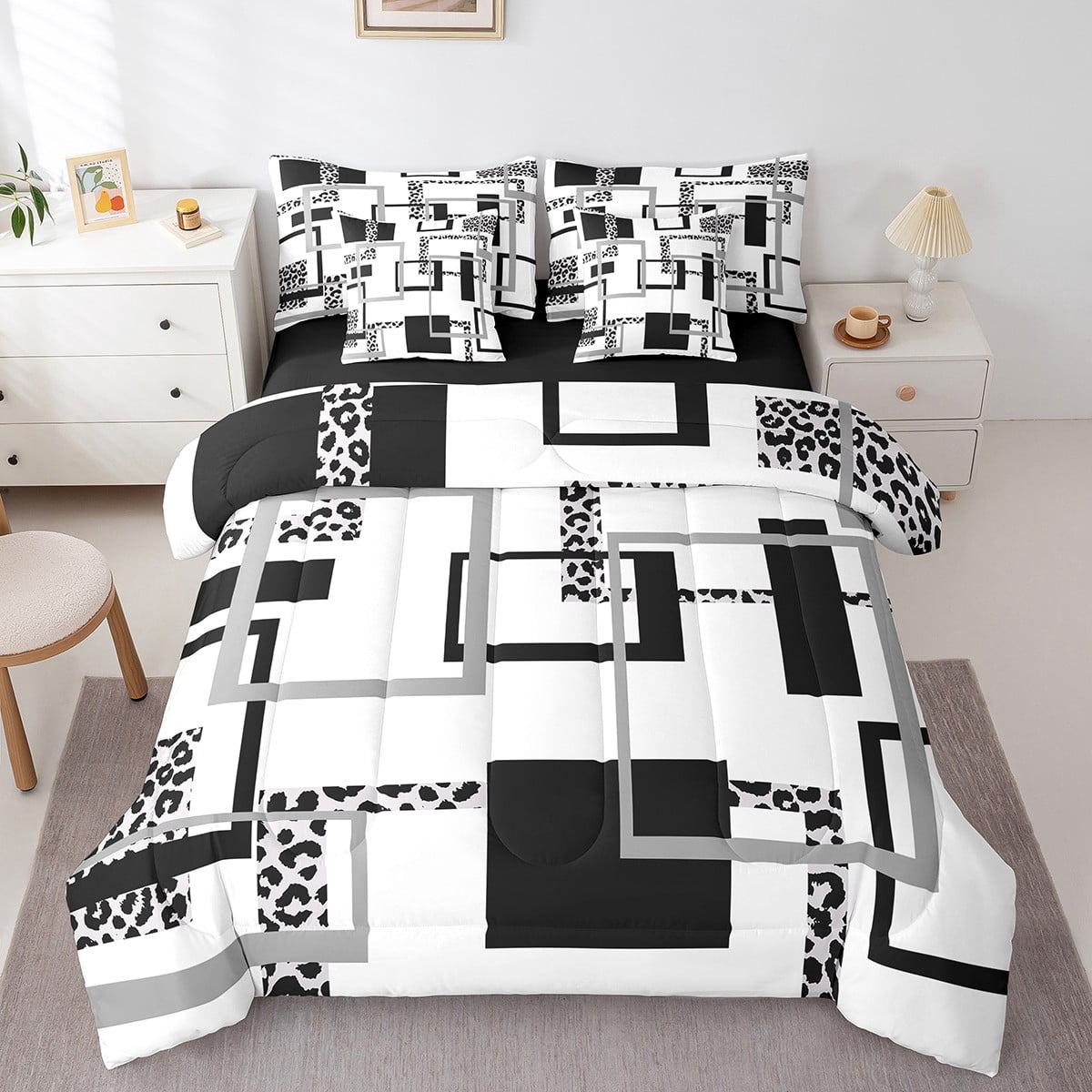 YST Leopard Print 7 Pcs Comforter Set Queen,Striped Bedding Sets for Adult,Animal Skin Texture Bed in A Bag,Modern Abstract Reversible Bed Sets with Flat Fitted Sheet,Pillow Shams