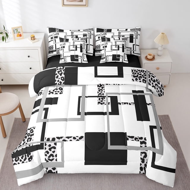 YST Leopard Print 7 Pcs Comforter Set King,Striped Bedding Sets for Adult,Animal Skin Texture Bed in A Bag,Modern Abstract Reversible Bed Sets with Flat Fitted Sheet,Pillow Shams