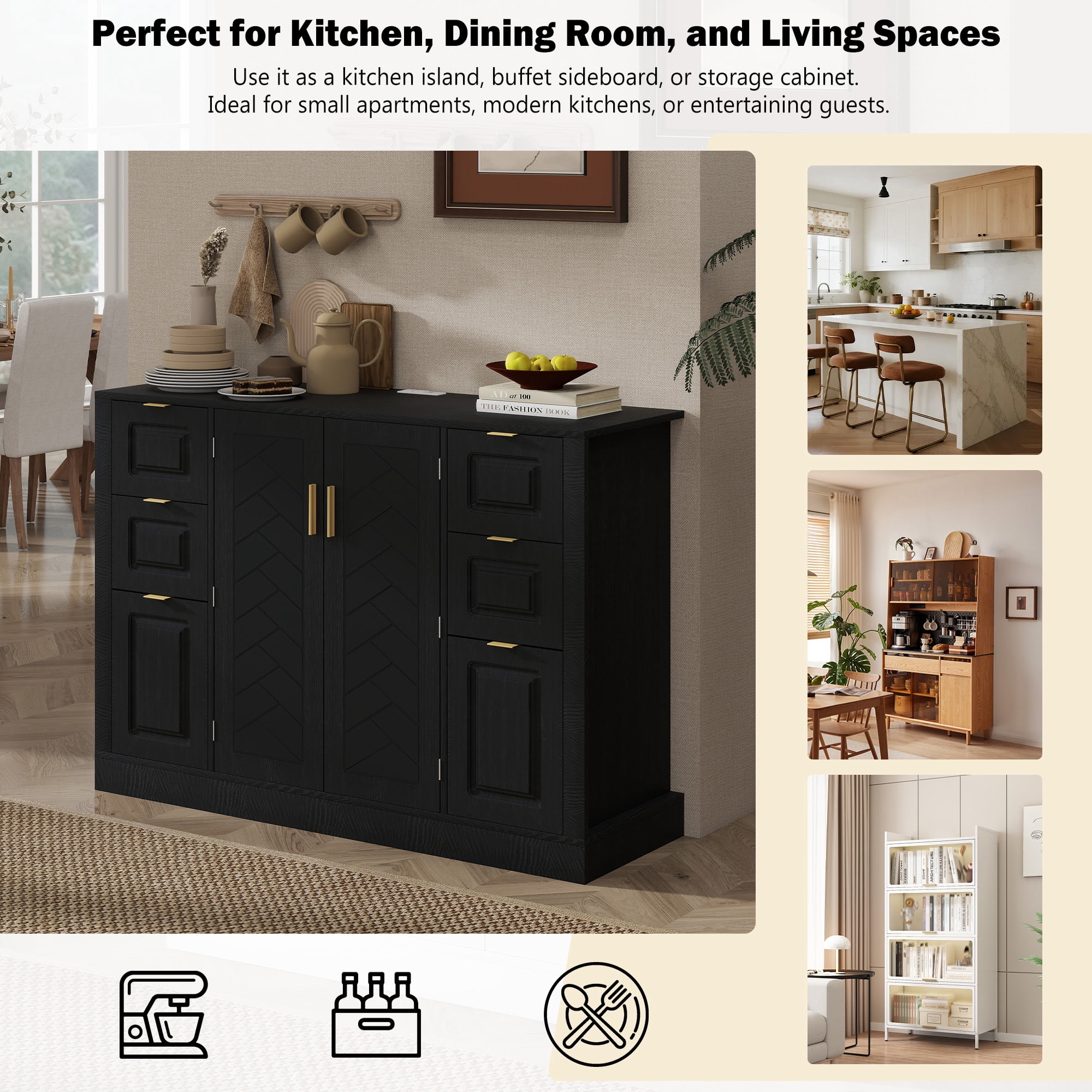 Noble House 47.2" Sideboard Buffet Cabinet with Power Outlet,2 Doors & 6 Drawers,3-Level Adjustable Shelves,Black