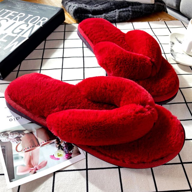 1 Pair Women Slippers Thicken Furry Plush Practical Winter Flip Flops for Home, designed with vibrant red plush material and a slip-on style for easy wear. These lightweight, warm women's winter slippers are perfect for household use, offering comfort and breathability. Displayed on a checkered surface with cozy home decor elements.