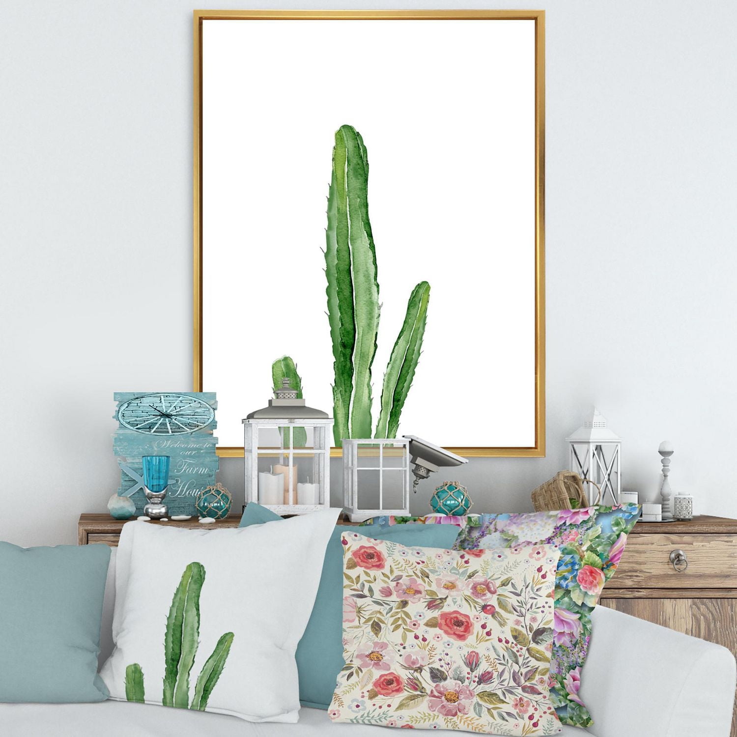 Designart Détail botanique de la plante du sud-ouest de cactus vert ART MURAL À CADRE FLOTTÉ