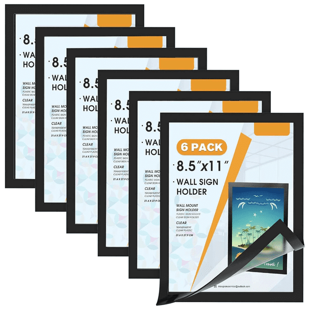 Sign Holder 8.5 x 11 Wall Mount, a set of six magnetic clear plastic sign holders with a black border. Designed for displaying documents, pictures, or advertisements in portrait or landscape format. Made of soft, durable PVC material with a transparent surface to protect contents from dust and moisture. Features a self-adhesive backing for smooth walls and a magnetic frame for easy installation and replacement. Suitable for use on refrigerators, whiteboards, glass walls, and more.