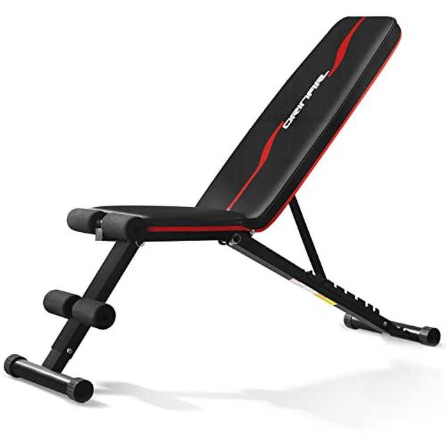 Orinar Weight Bench Press, a strength training adjustable workout bench designed for full-body exercises. The bench features a black and red padded seat with a fully adjustable backrest offering 7 incline and decline positions. It includes foam-padded rollers for leg support and a sturdy triangular steel frame for stability, supporting up to 880 pounds. Ideal for chest, back, shoulders, legs, and abdominal workouts.