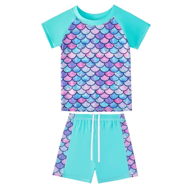 Girls Rash Guard 2-Piece Swimwear Fish Scale Pattern Swimwear Upf 50+ Uv for 4-12Y