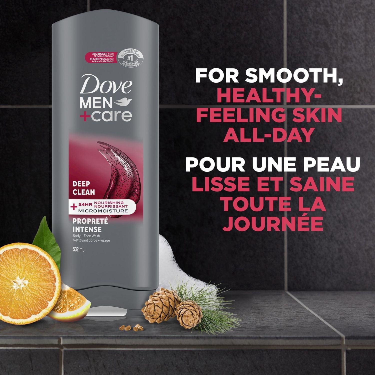 Dove Men+Care Exfoliant Nettoyant Profond Gel douche pour le corps et le visage pour Hommes, avec Technologie Nourrissante Micromoisture de 24 Heures, 532mL