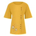 thumbnail image 4 of CHOK Mchoice Chemises pour Femmes 2024 à Manches Courtes Décontractées Hauts Grande Taille Col Rond Imprimé Ample Blouse en Coton et Lin à Boutons, 4 of 5