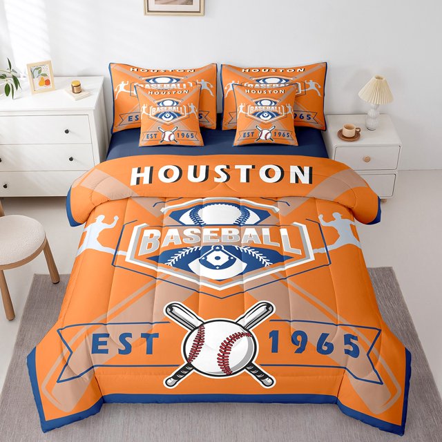 YST Ensemble de Literie 7 Pcs Tout-en-un Format Double Ensemble de Couette Garçons Ensemble de Literie Baseball, Ensemble de Lit Sport Réversible, Couette en Microfibre Douce Équipe de Baseball avec Ensemble de Draps, Toutes Saisons, Houston