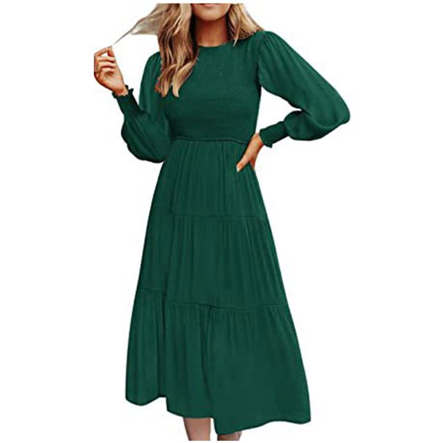 Pisexur Robe à Manches Longues à Col en V Femme Hiver Mode Manches Longues Col Rond Robe Longue Unie Caractéristiques Robe Femme