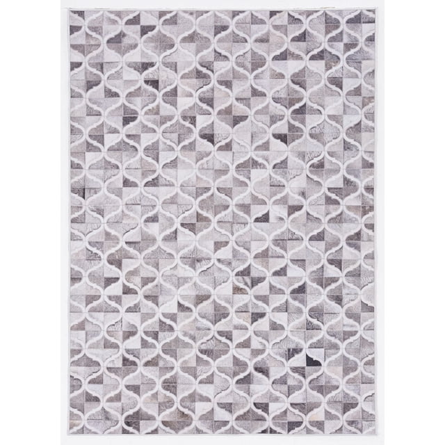 Laredo Brim Grey & Ivory 5' x 7' area rug with a digitally printed low pile patchwork cowhide pattern in grey and ivory tones, featuring a geometric quatrefoil design, serged edges, and a felt backing with rubber gripper dots to prevent slipping, suitable for high traffic areas and defining small room spaces.