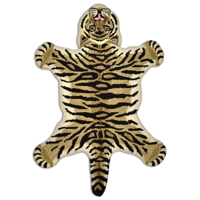 Fabstyles Animal Printed Hand-Tufted Area Rag Rug shaped like a tiger hide with black and tan stripes on cream 100% wool fabric, suitable for living room, hallway, kitchen, or patio, durable for high traffic and easy to spot clean.