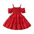 thumbnail image 3 of YDFCWXW Girls Cold Shoulder Shirred White Off Shoulder Ruffle Sleeve Summer A-Line Princess Sundress (Red, 18-24 Months), 3 of 8