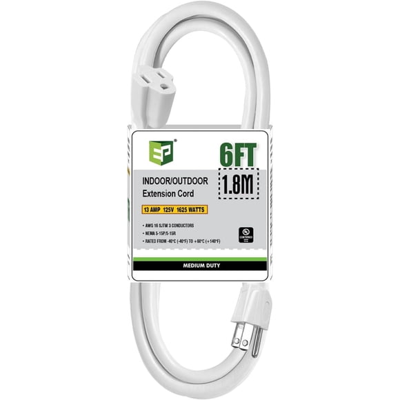 EP 6 FT Black Outdoor Extension Cord, 16/3 SJTW Heavy Duty Waterproof, 3 Prong Grounded Plug, 13A 1625W 16AWG, Cold-Resistant Flexible Power Cable for Garden, Home, Christmas Lights, UL Listed