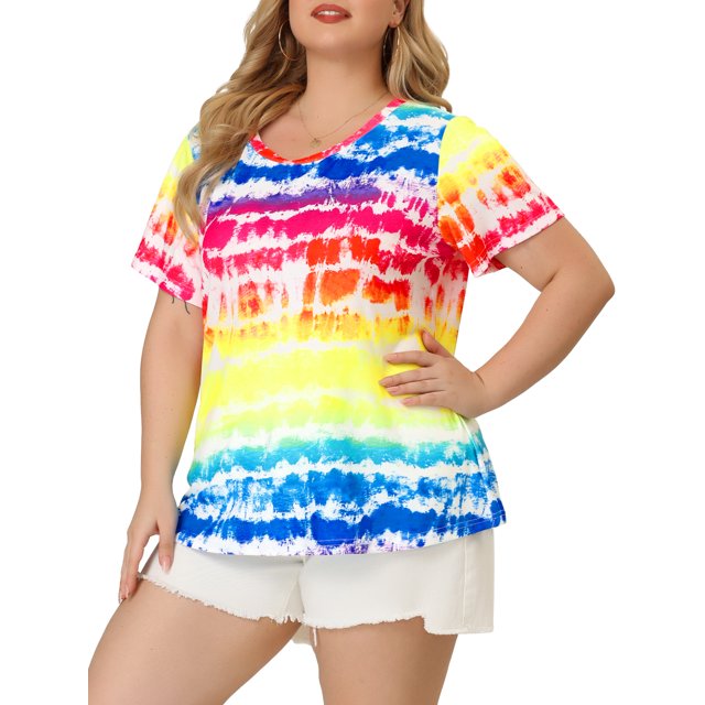 GRACE & GRANDEUR Women's Plus T-Shirts Round Neck Multi Color Dye Casual Tops 3X Multi-color