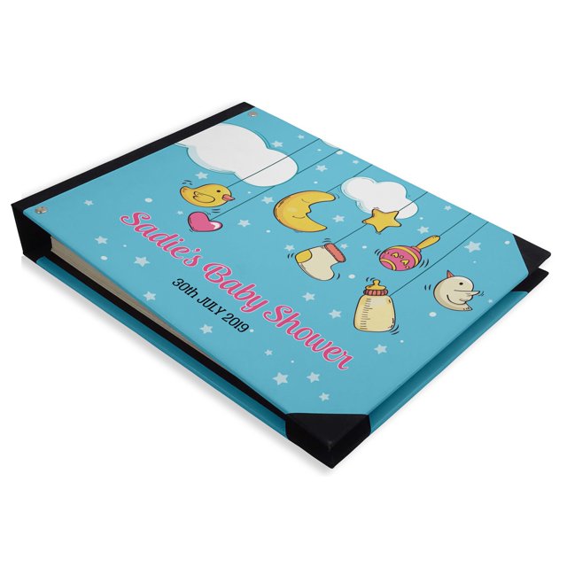 Darling Souvenir Blue Hanging Baby Objects Personalized Printed Baby ShowerGuestBookHardbound Cover Sign InBookRegistry Scrapbook-9 x 12 Inches