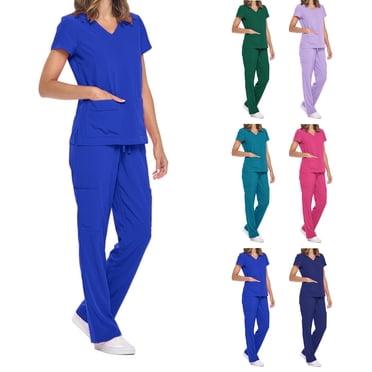 RKSTN Ensemble de Sarraus pour Femmes Sarrau d'Hôpital 2 Pcs Couleur Unie Col en V Manches Courtes Haut de Sarrau avec Poches Pantalon Droit à Taille Élastique avec Poches Médecin Infirmière Tenue de Travail Confortable