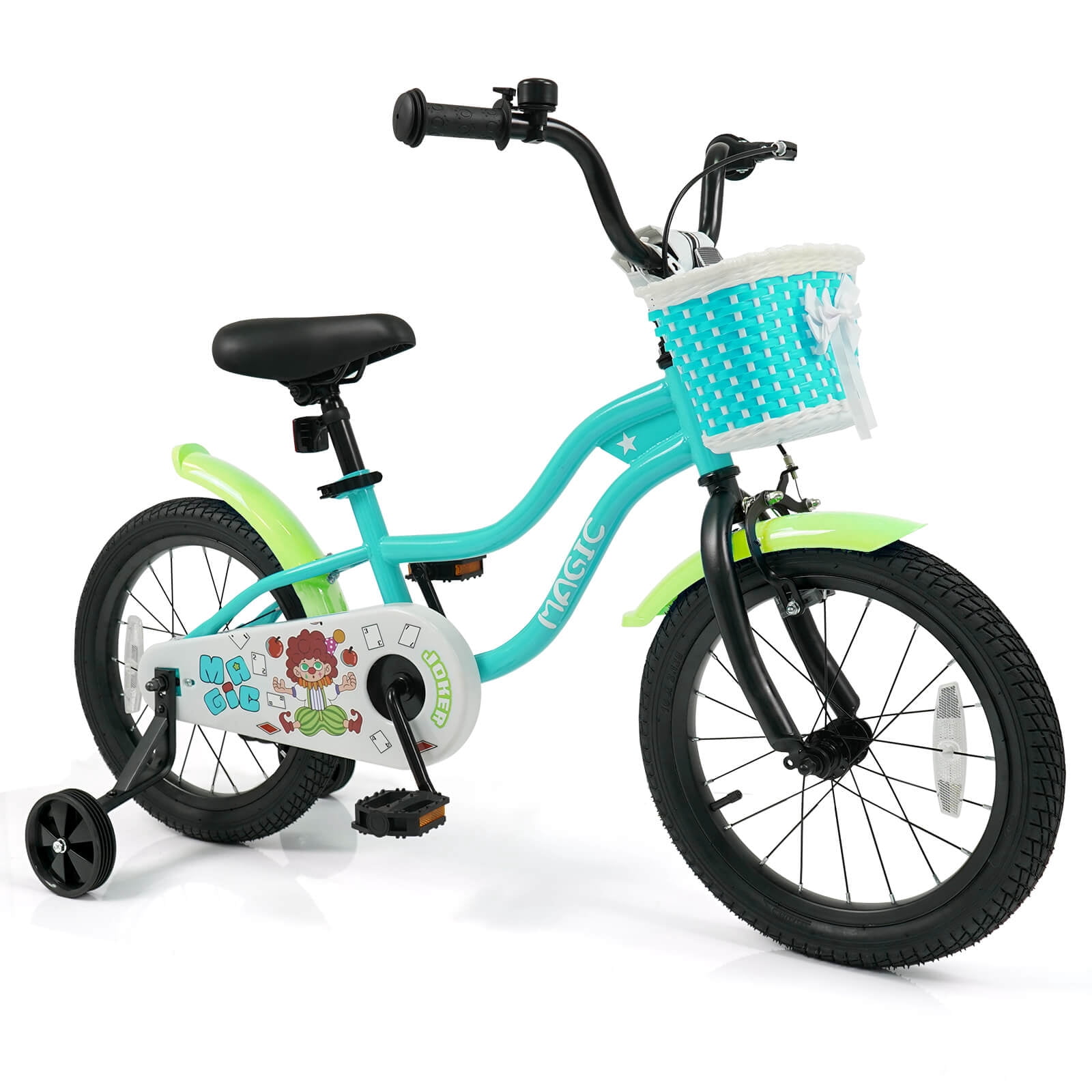 Costway 16" Kids Bike with Training Wheels, Basket, Hand & Coaster Brakes, Adjustable Seat Green