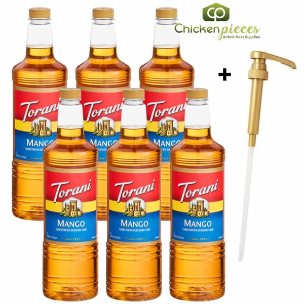Torani Sirop Aromatisé à la Mangue, Base Tropicale Juteuse Professionnelle, Bouteille en Plastique 1 L Résistante aux Bris + Pompe Doseuse Bonus