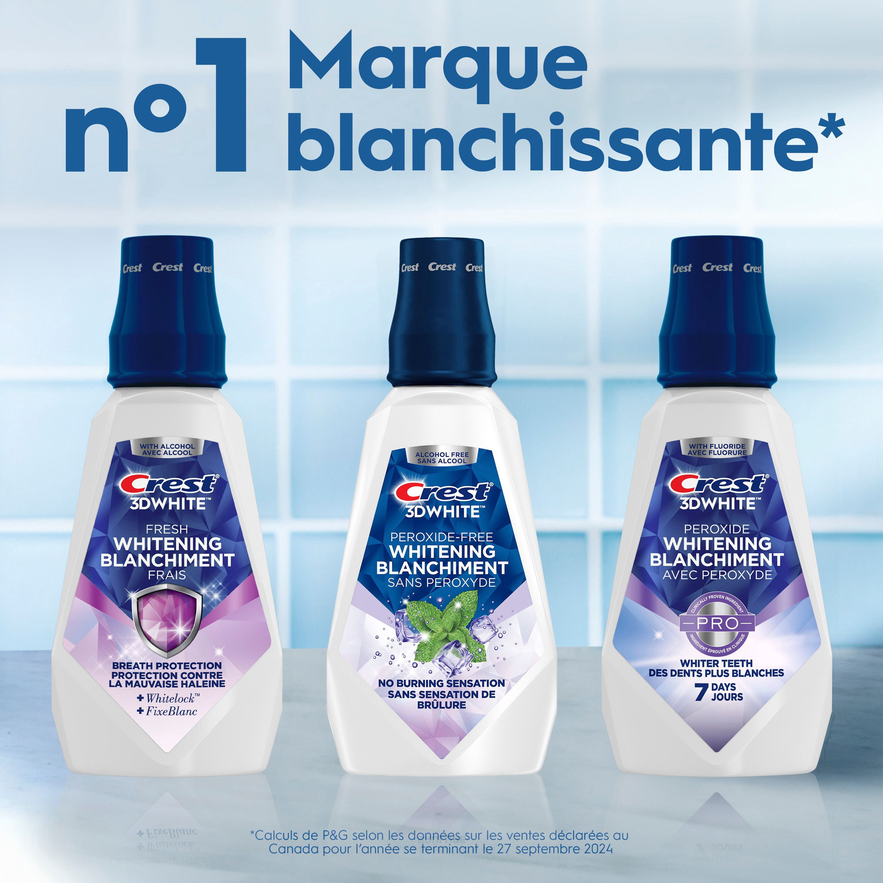 Rince-bouche sans peroxyde Crest3DWhite, blanchissant au goût agréable, garanti, sans alcool, saveur Menthe vive, 1L (33,8ozliq.)