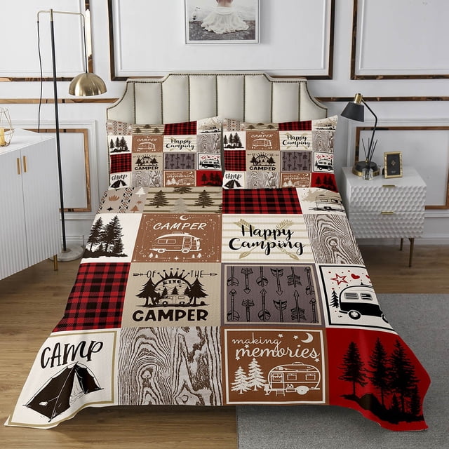 YST Short Queen Coverlet Set For Rv Camper Happy Camping Bunk Bedspread Set Rv Camper Accessories Quilt Set For Travel Trailers,Buffalo Plaid Pine Tree Arrow Bedding Set Red Brown
