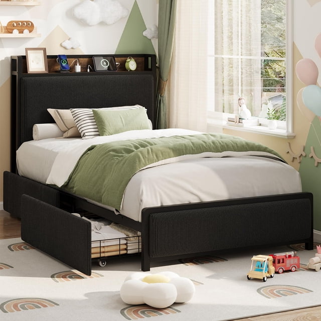 Cadre de Lit Format Simple avec Rangement – Lit Plateforme Rembourré avec Tête de Lit avec Rangement, 2 Tiroirs, Station de Recharge (USB et Type‐C), Aucun Sommier Requis, Assemblage Facile