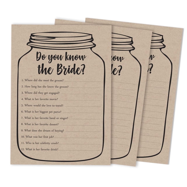 Inkdotpot 50-PackRustic Kraft Mason JarHow Well Do You Know The Bride Bridal Shower Bachelorette PartyGameWho Know The Bride Best ActivityCards
