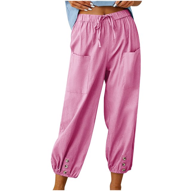 Timegard Womens Cotton Linen Pants Elastic Waisted Drawstring Cinch Bottom Button Casual Loose Pants