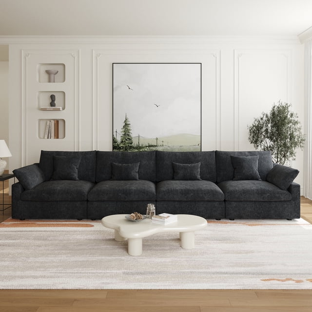 The Magic Home Canapé Sectionnel Modulaire en Lin à 4 Places, Noir