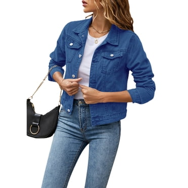 Wangsaura Veste en Denim pour Femmes, Veste en Jean Décontractée à Manches Longues avec Poches