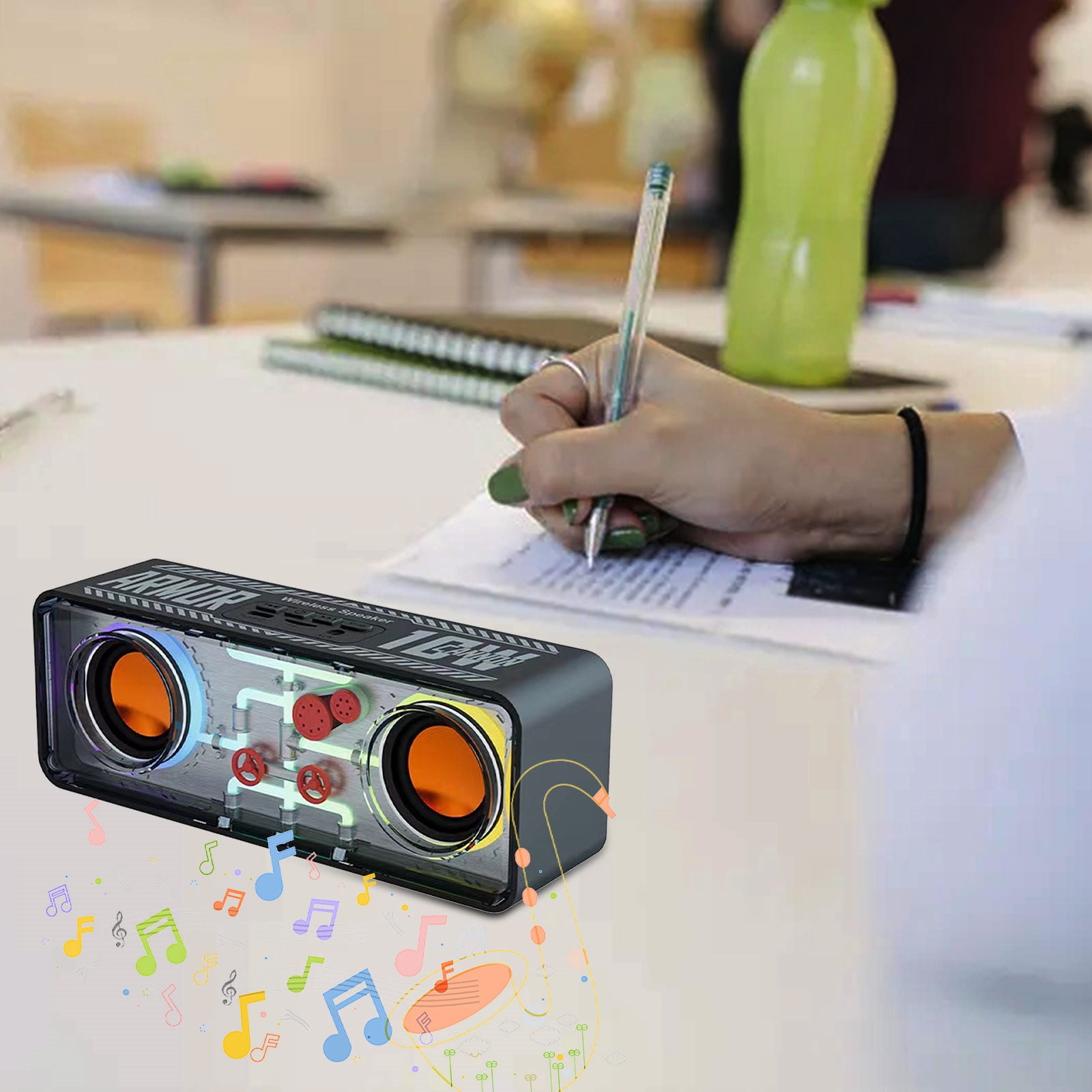 Transparent Dual Speaker Bluetooth Speaker, Wireless Bluetooth Speaker with Colorful LED Lights 5.3 Version, Portable Home Audio for Computer TV Karaoke Party Steel Vibration Film, Black