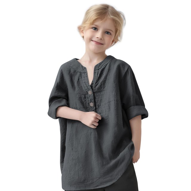 zbxnLI Kids Girls Spring Long Sleeve Shirts Button V Neck Casual Loose T-Shirts Solid Color Summer Tops