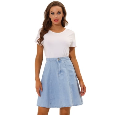 Unique Bargains Women's High Waist A Line Flare Pleated Midi Denim Skirt, Casual, Vintage, Sky Blue, 1, Size M
