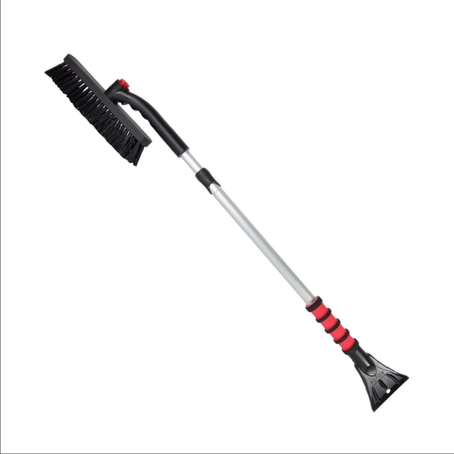 Mallory 52" Extending Snowbroom with Pivoting Brush Head and Ice Scraper, featuring a lightweight aluminum twist-lock extending pole up to 51", a full black bristle brush head that pivots for versatile snow removal, a red and black foam grip for comfort, and a patented black plastic ice scraper blade ideal for clearing thick ice from vehicles.